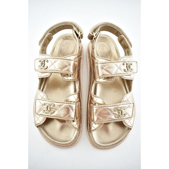 Chanel 21C Bronze Quilt Chain CC Logo Mule Slide Strap Flat Teva Dad Sandal 35.5 - Picture 7 of 12